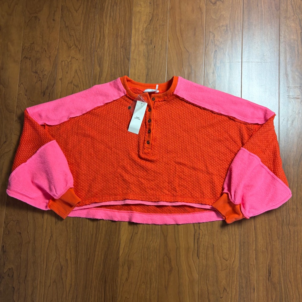 Urban Outfitters Out From Under Orange Pink Colorblock Henley Thermal Top M NWT